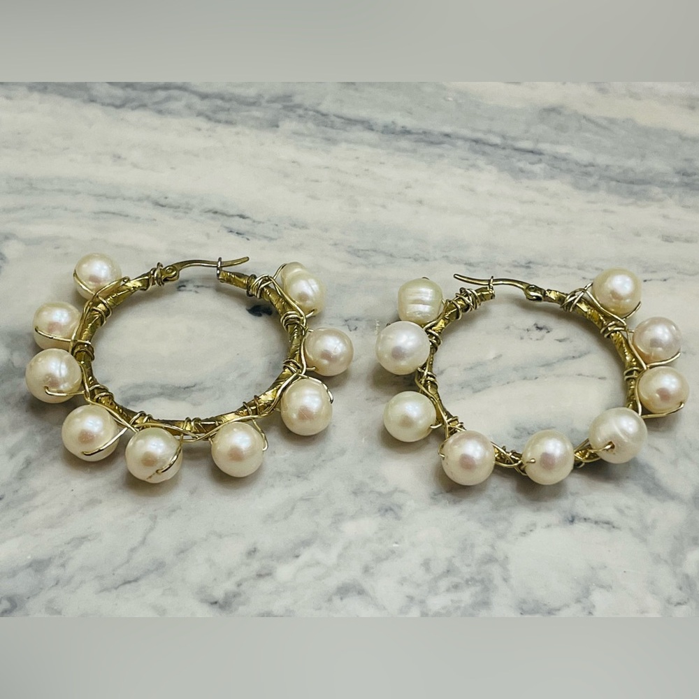 Handmade Pearl Hoop Earrings Gold Tone Artisan Wire Wrapped Statement Jewelry - Picture 13 of 14